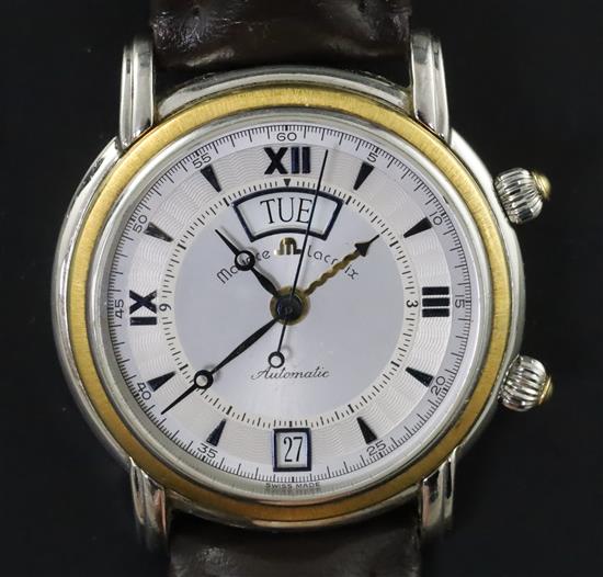A gentlemans early 2000 steel and 18ct gold Maurice Lacroix automatic day/date alarm wrist watch,
